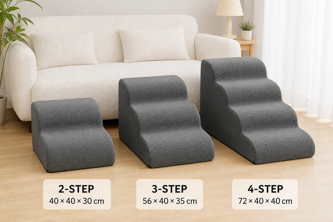 Side-by-side comparison of two-step, three-step, and four-step gentle-slope foam dog stairs