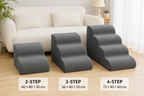 Side-by-side comparison of 2-step, 3-step, and 4-step gentle-slope foam pet stairs next to furniture heights
