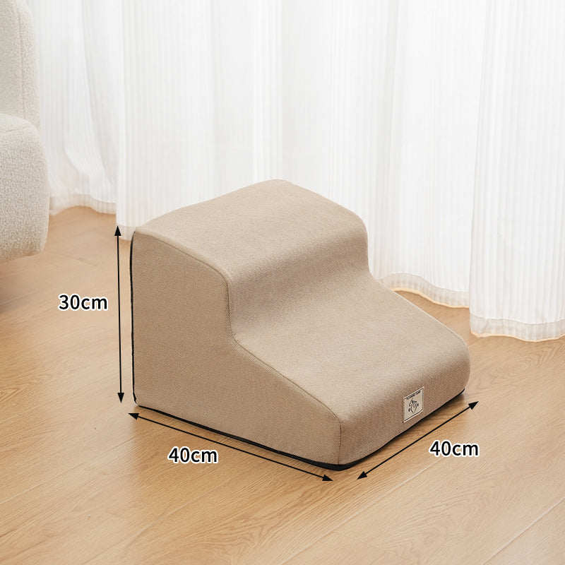 Khaki two-step gentle-slope foam dog stairs, 15.7 by 15.7 by 11.8 inches