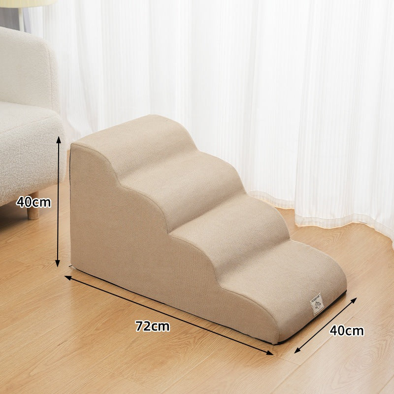 Khaki four-step gentle-slope foam dog stairs, 28.3 by 15.7 by 15.7 inches
