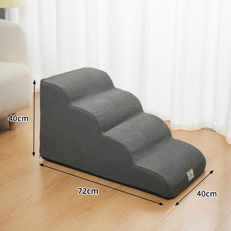 Smoke gray four-step gentle-slope foam dog stairs, 28.3 by 15.7 by 15.7 inches