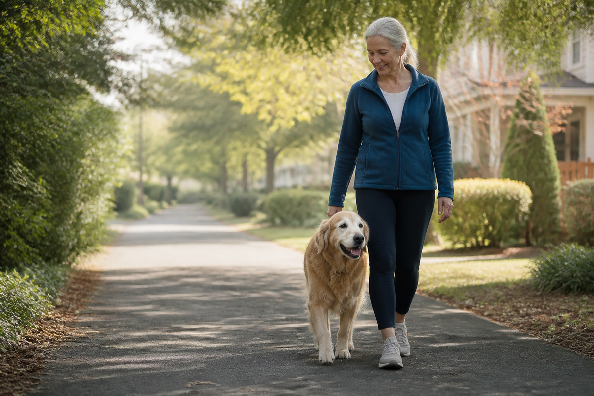 Senior golden retriever walking beside a family member on a quiet neighborhood path
