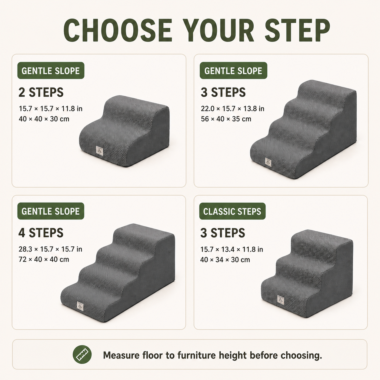 Kinstroll foam dog stairs size guide with correct four-tread gentle-slope model