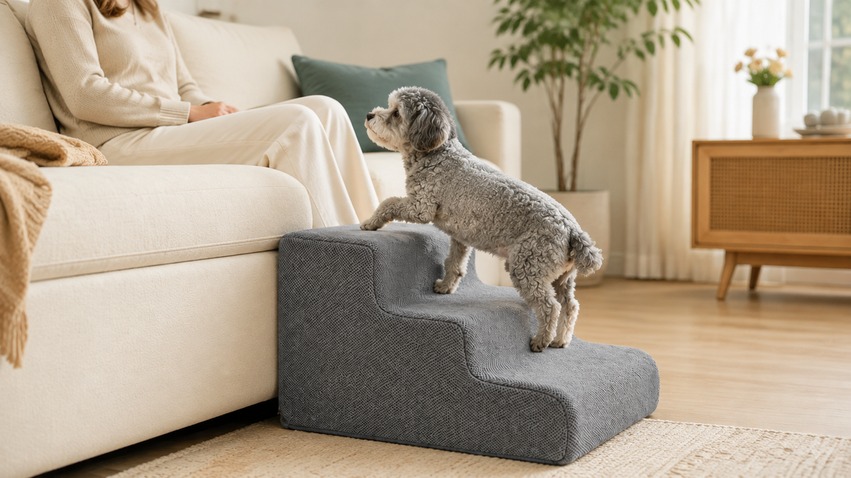 Small senior dog using gray foam stairs beside a sofa