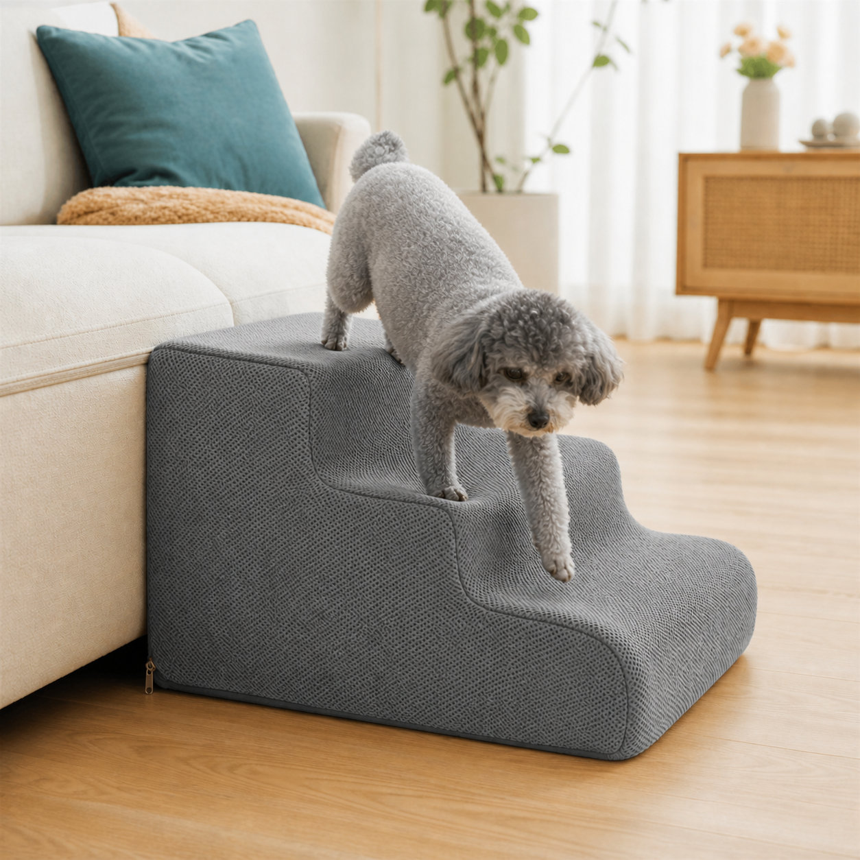 Small senior dog calmly walking down smoke gray gentle-slope foam dog stairs