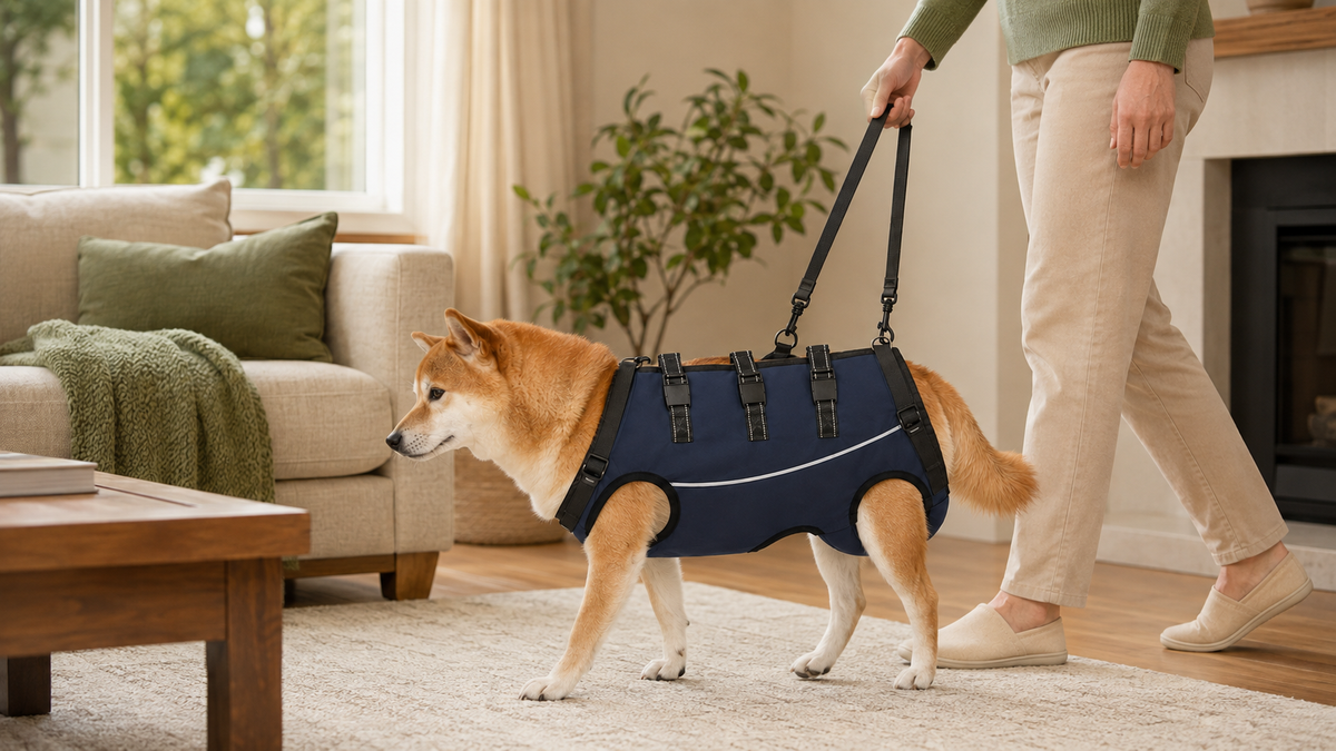 Senior dog using Kinstroll full-body support harness with included strap