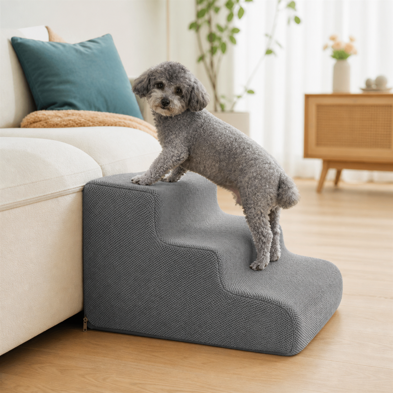 Small senior dog using smoke gray three-step foam dog stairs beside a sofa