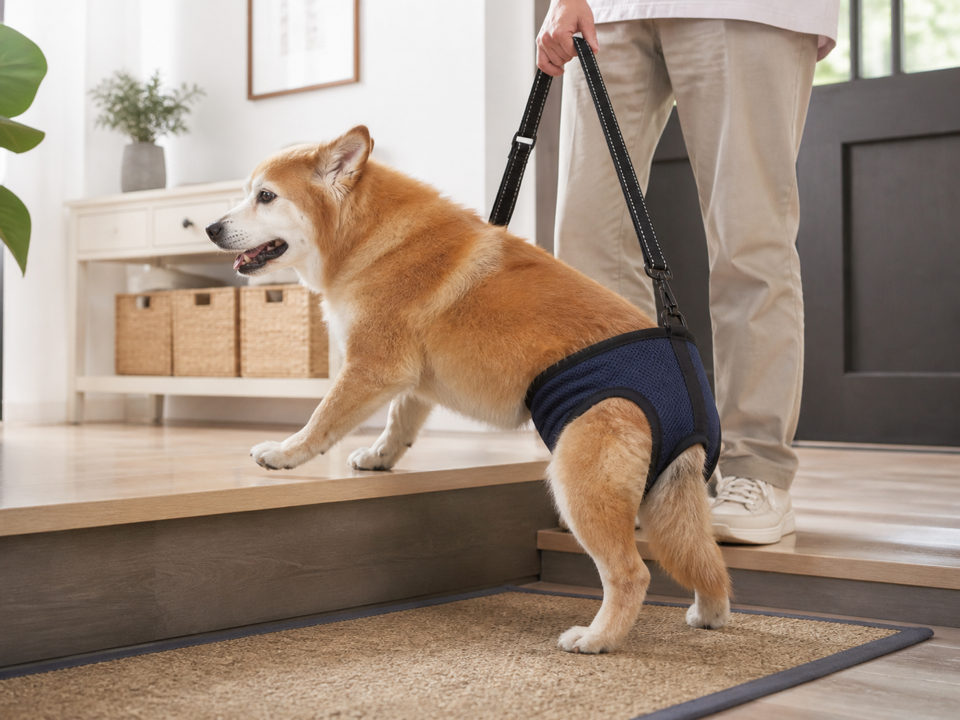 Senior dog using a low indoor step with rear support