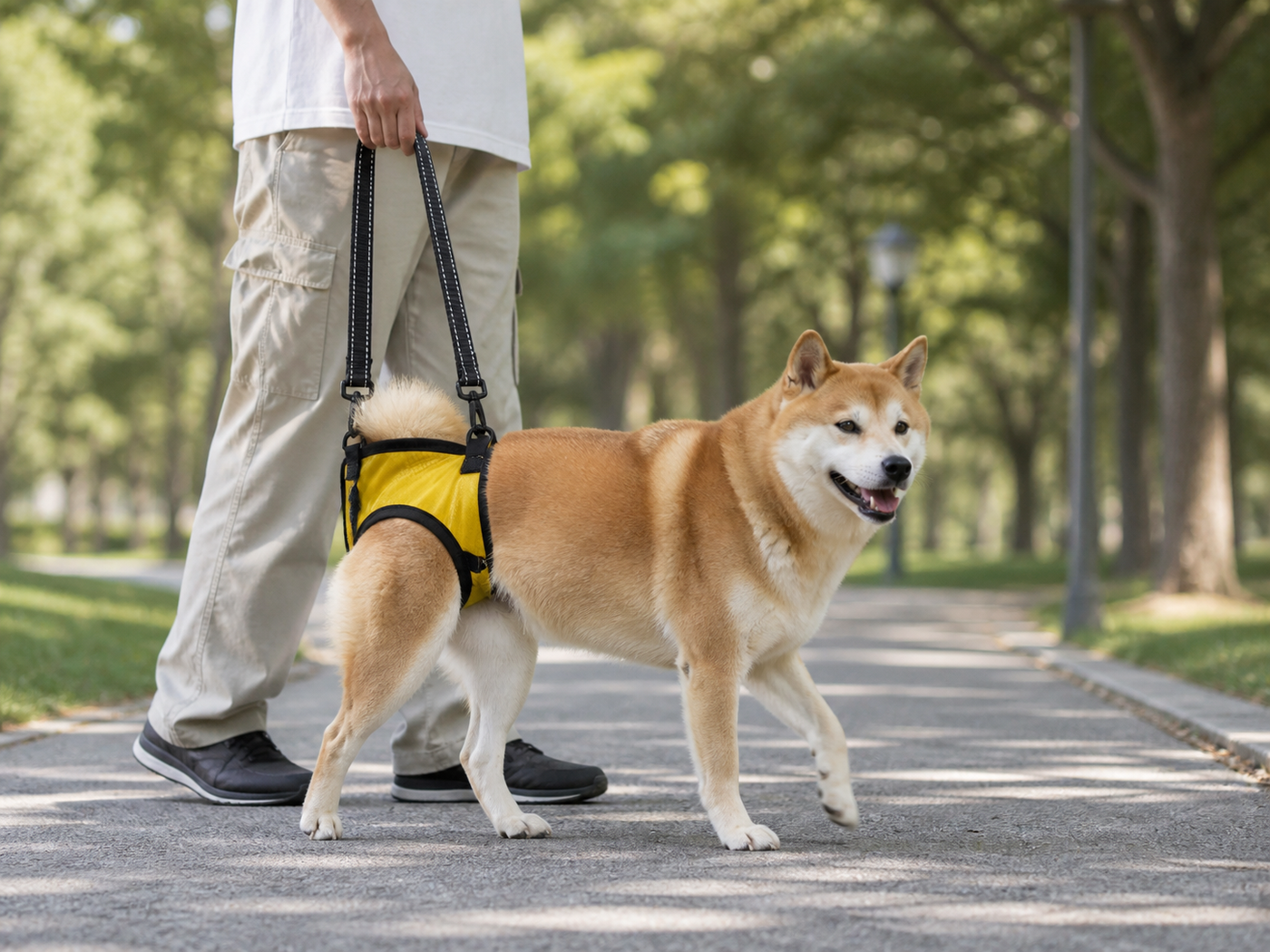 Senior dog walking outdoors with gentle rear support