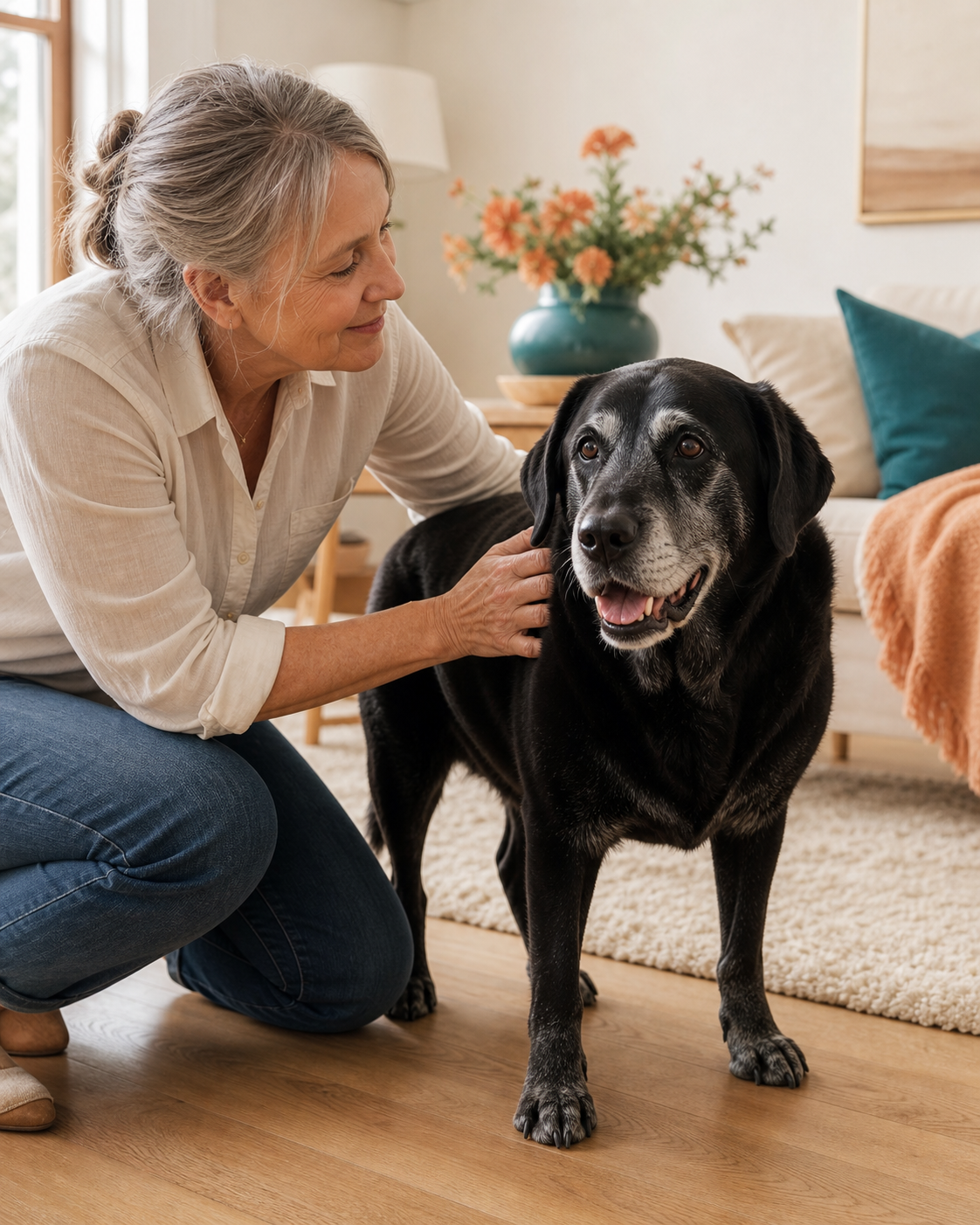 Senior black Labrador standing beside a caring family member at home