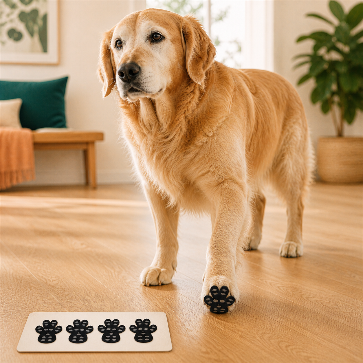 Senior golden retriever wearing black indoor paw grip pads on a light hardwood floor