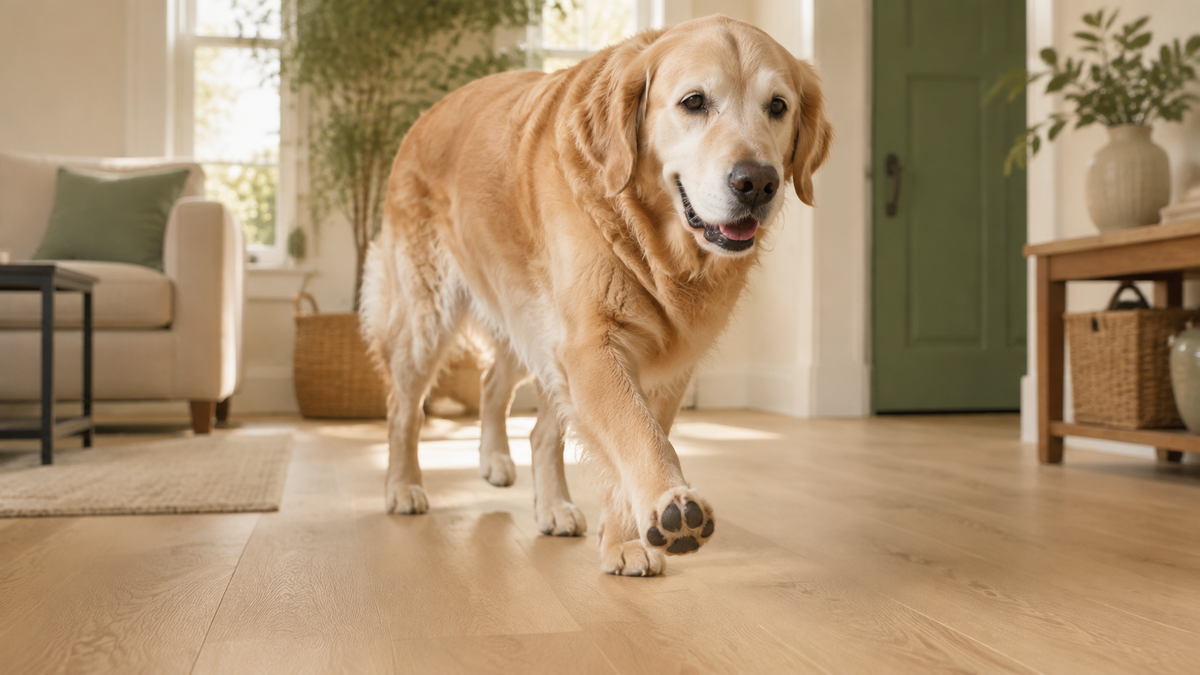 Senior golden retriever walking indoors with paw grips