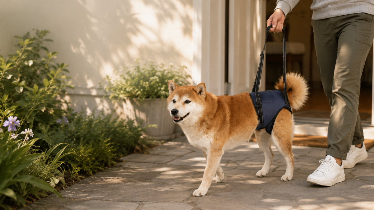 Senior dog using Kinstroll rear support harness with included strap