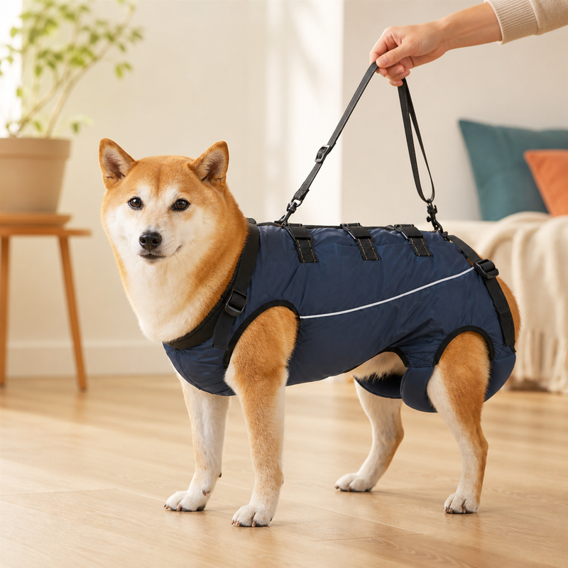Senior Shiba Inu standing with gentle caregiver support from a navy full-body mobility harness