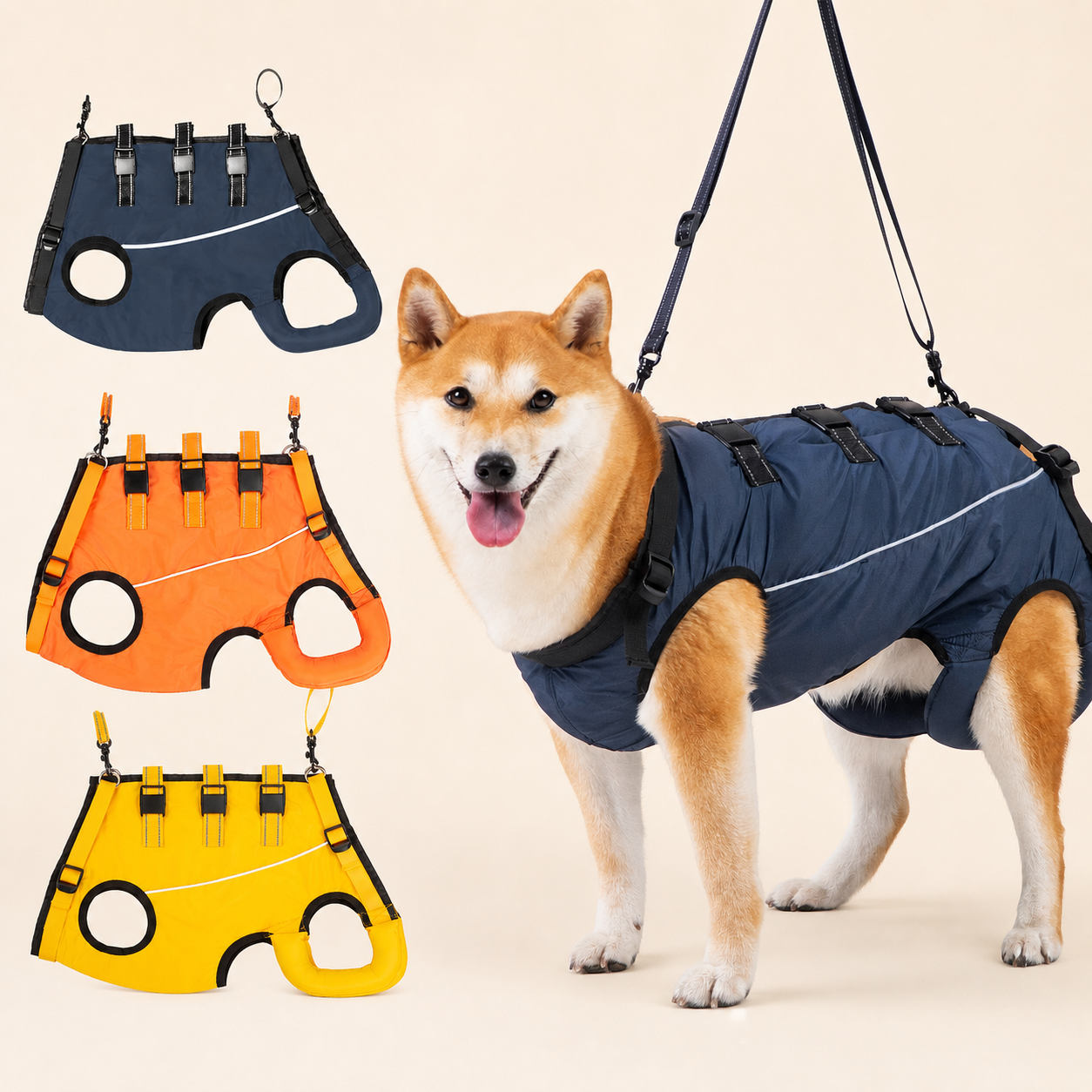 Senior dog full-body mobility harness in navy, orange, and yellow