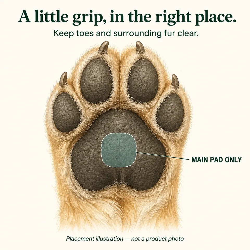 Placement illustration: apply only inside the large central paw pad. Leave all four toe pads and surrounding fur clear. This is not a product photo.