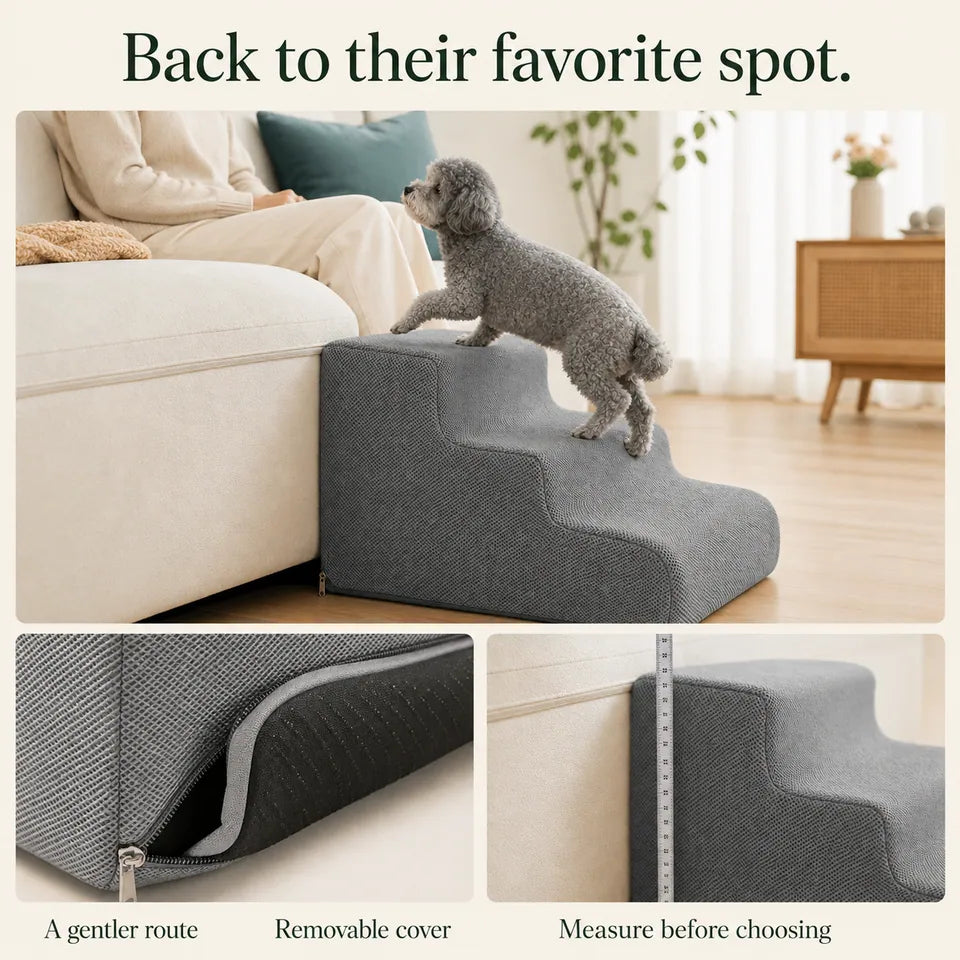Foam stairs beside a sofa, removable zippered cover, and measuring furniture height before choosing.
